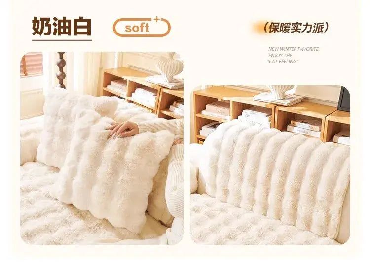 Simples Market rabbit fur plush sofa cushion slipcover, cream white, soft non-slip fabric