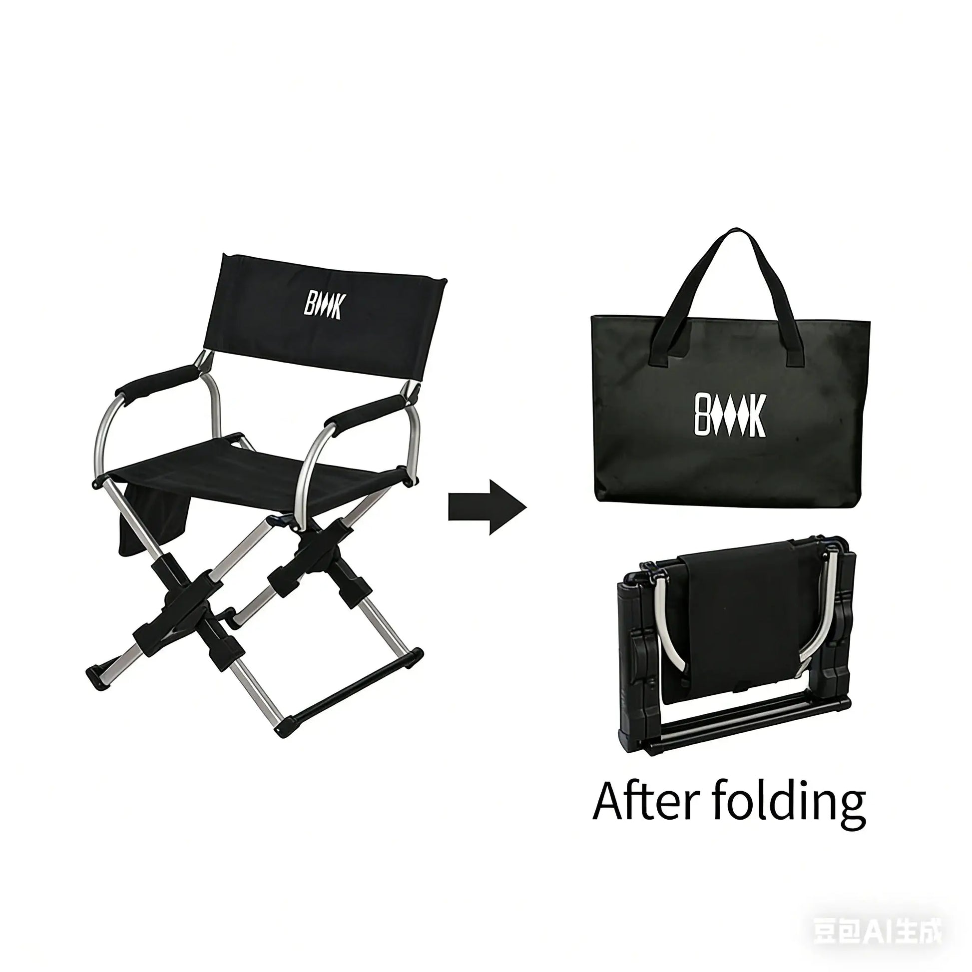 Outdoor foldable director chair with aluminum alloy frame and black fabric; BMK logo on backrest and BMK tote bag.