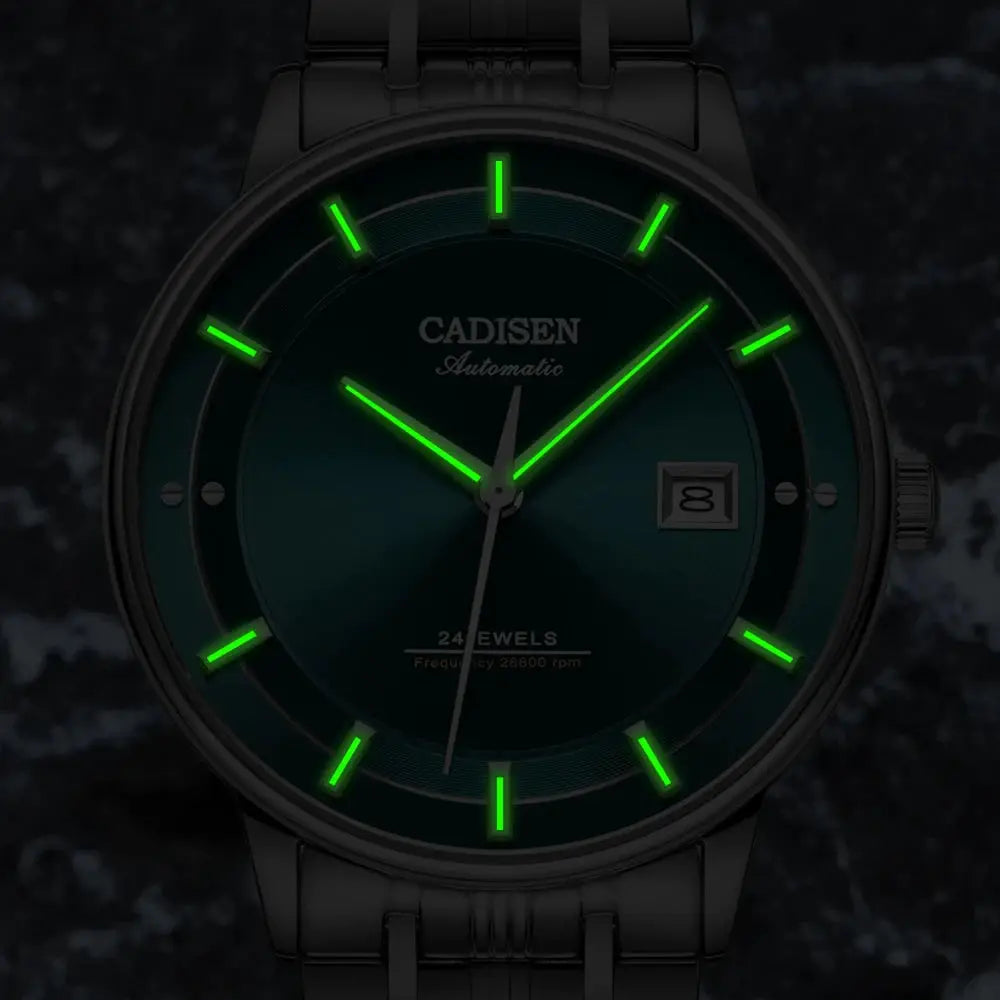 CADISEN mechanical wristwatch with MIYOTA 9015, dark dial, green luminous hands/markers, date at 3 o'clock.