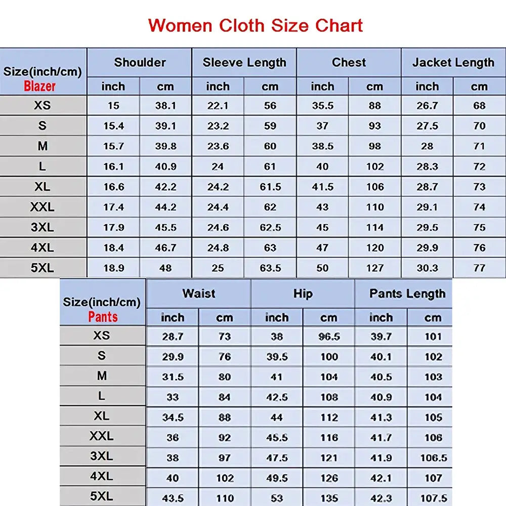 Customzied women's 2-piece blazer pants suit size chart by Simples Market with blazer and pants measurements