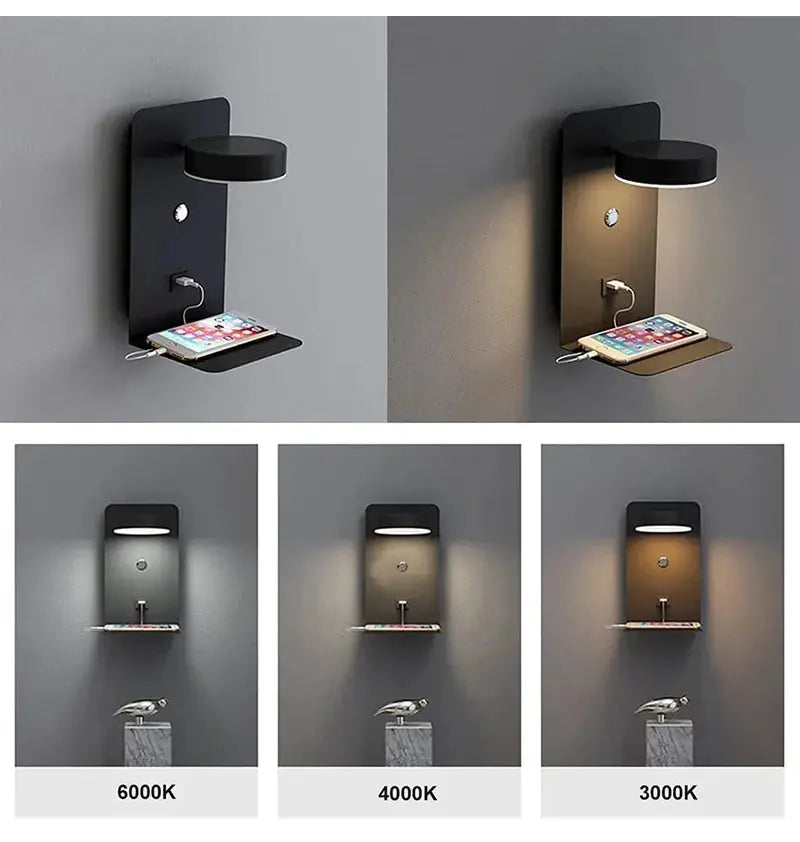 Black LED wall lamp with USB charging shelf and switch; modern sconce shown with phone charging in 6000K/4000K/3000K.