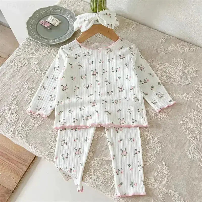 LittleLuxe Baby Floral Cotton Pajama Set With Lace Trim Long Sleeve Two Piece Sleepwear For Autumn