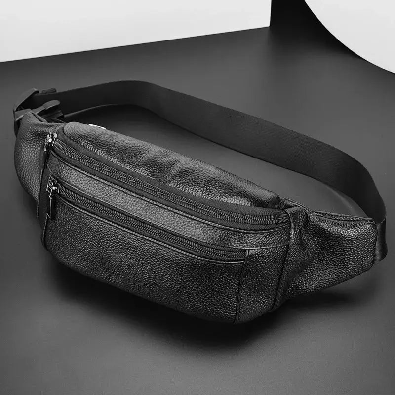 Men's black genuine leather chest crossbody bag with multiple zip pockets and adjustable strap
