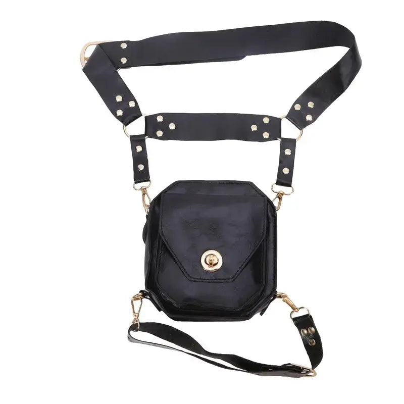 Punk retro PU waist bag, small black square crossbody pouch with gold hardware, Simples Market