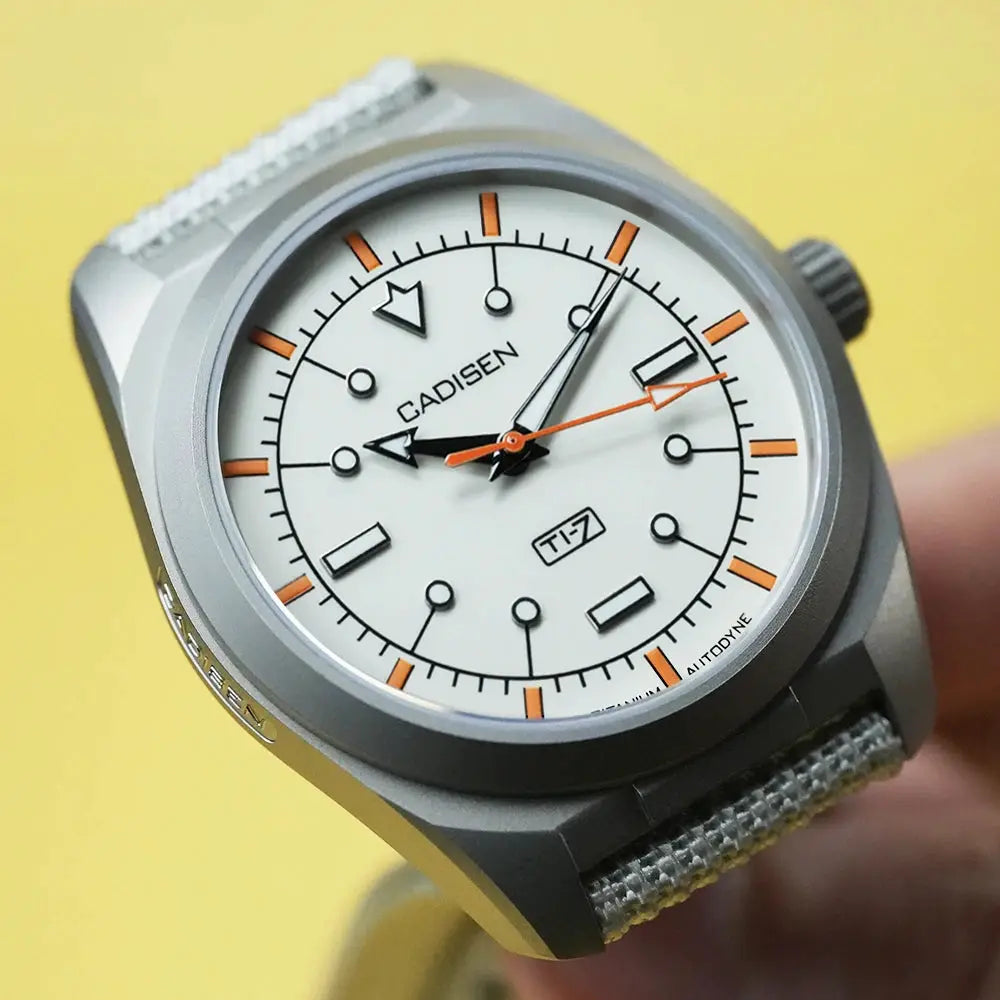 CADISEN TI-7 Autodyne titanium steel automatic watch with white dial, orange markers, canvas strap