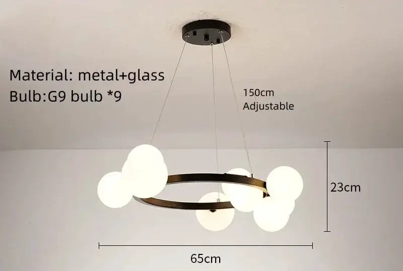 Simples Market metal+glass chandelier with nine G9 bulbs, adjustable 150cm cord and 65cm span