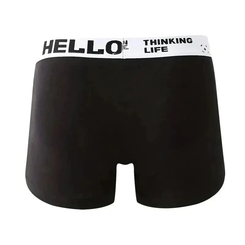 Simples Market black men's boxer briefs with white waistband featuring Hello Thinking Life text