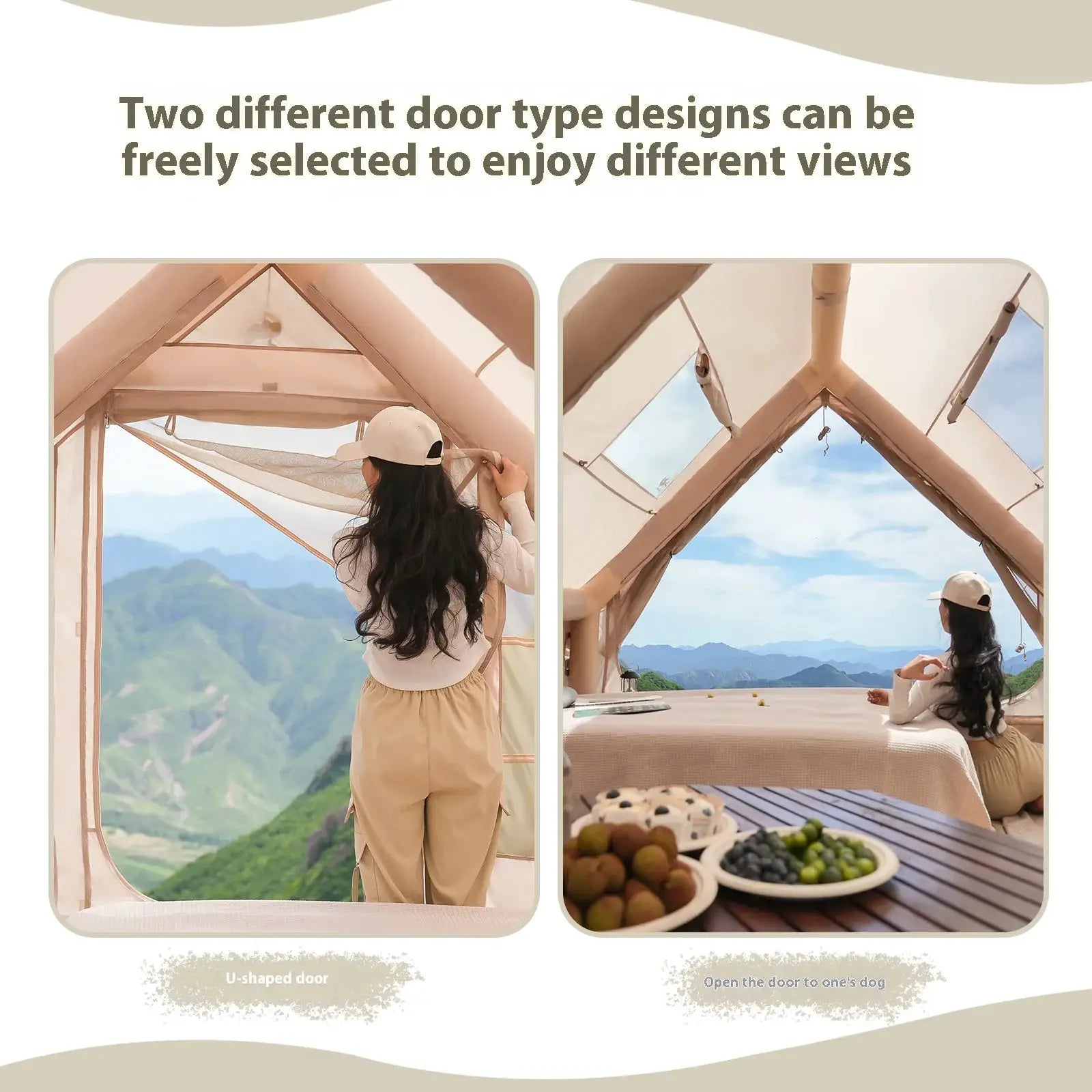 Simples Market inflatable camping tent; beige luxury family tent with mountain views and a dining setup