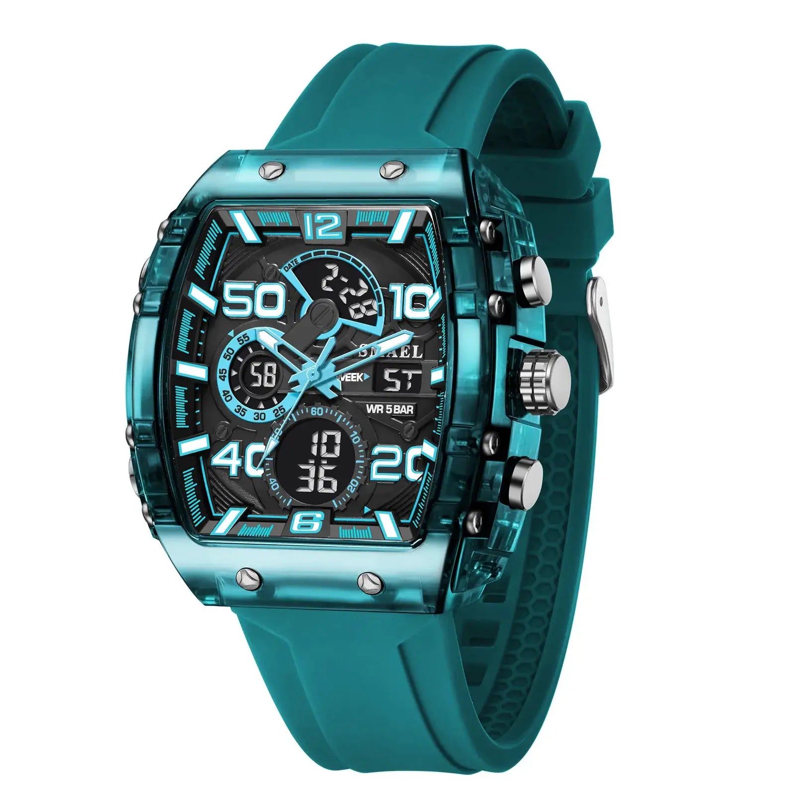 SMAEL 8109 men's square dual-display sport watch with teal transparent case and silicone strap