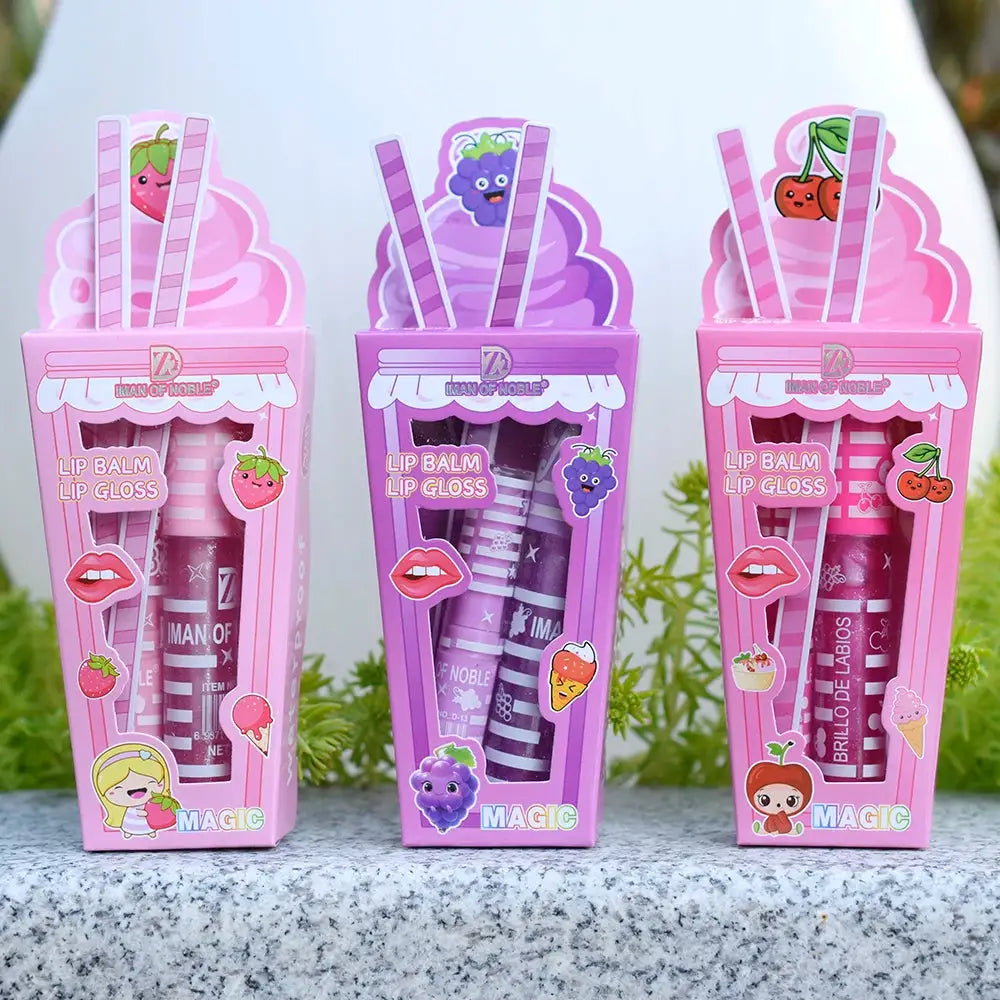 Cute Ice Cream Lip Gloss And Lip Balm Set Waterproof Long Lasting Natural Moisturizing Lips