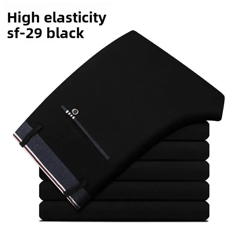 Elastic waist dress pants for men, black wrinkle-resistant office trousers, slim fit