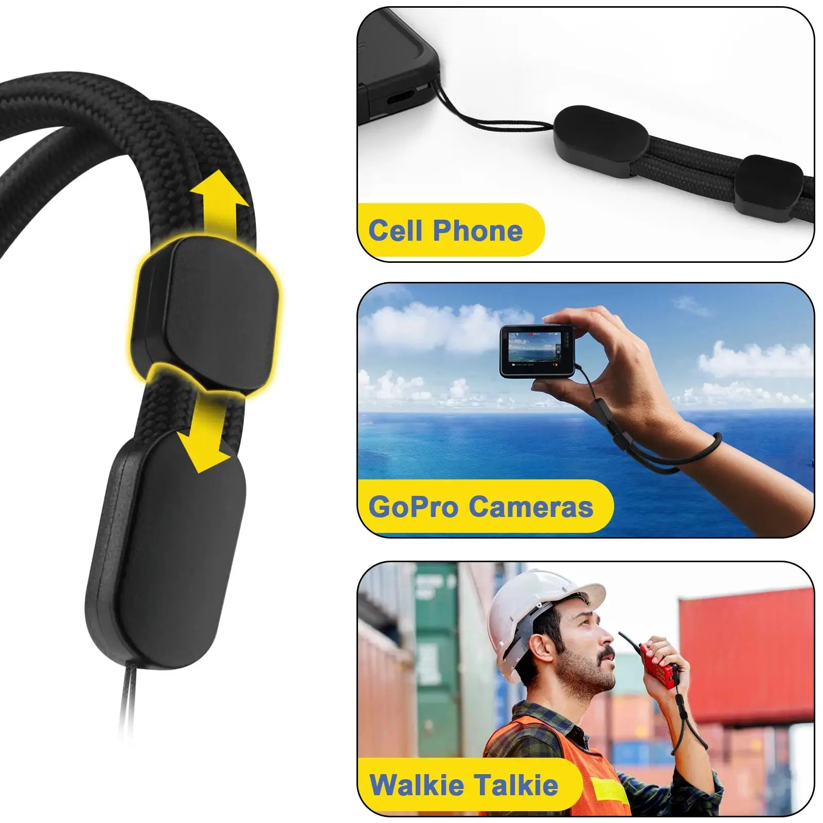 6-piece black nylon wrist strap lanyards for cell phones, cameras and GoPro
