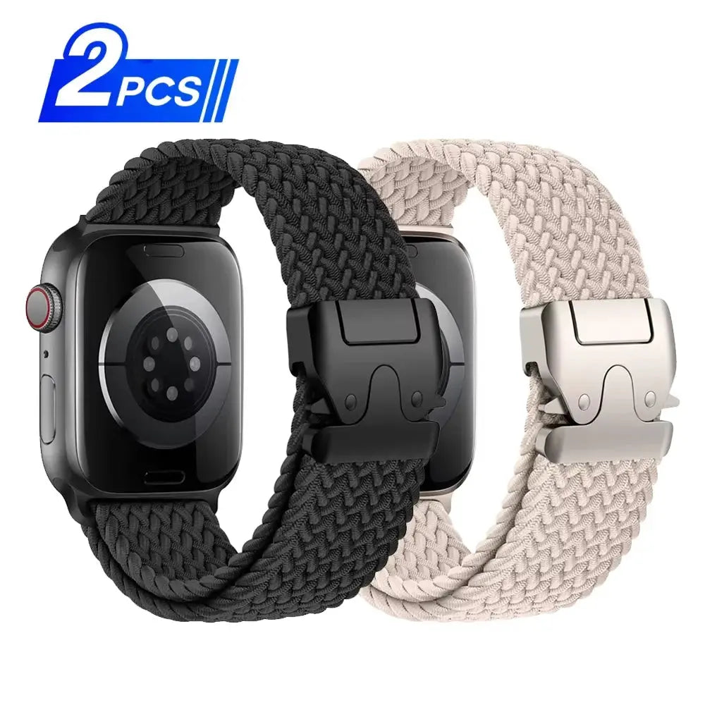 Simples Market Parachute braided Apple Watch straps, 2pcs, black and beige, deployant clasps, compatible with 9/8/SE/7/6