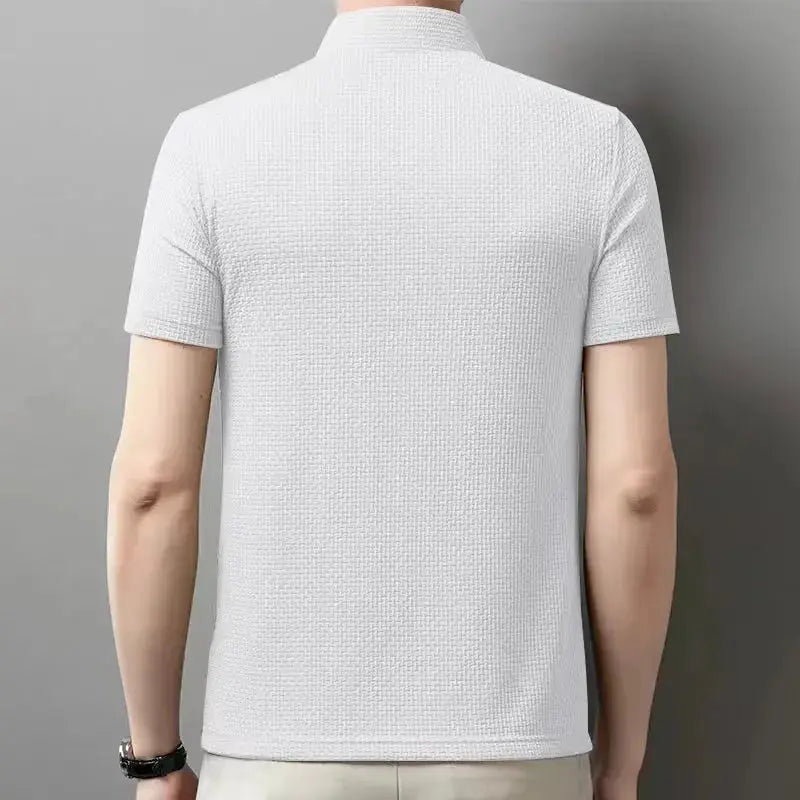 Men's bone white textured short-sleeve polo shirt shown from the back.