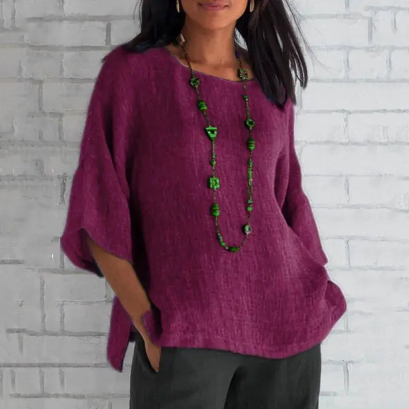 Cotton Blouse Shirt O Neck Three Quarter Sleeves Casual Top Women