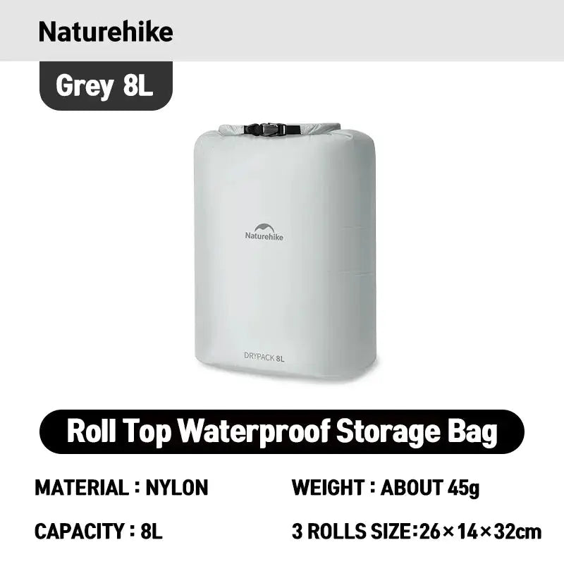 Naturehike roll-top waterproof storage bag, grey nylon, 8L capacity