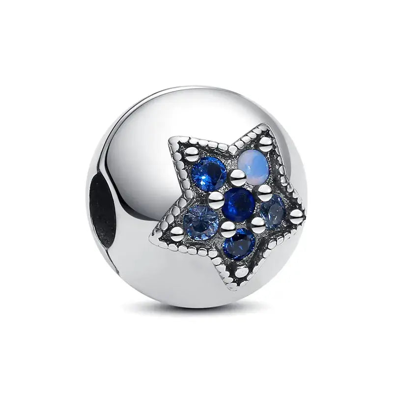 Sterling silver bead charm featuring a blue zircon-stone star design for bracelets