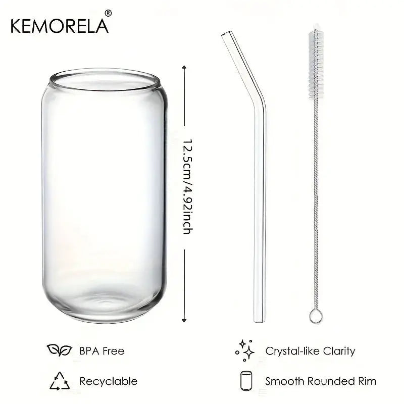 Can Shaped Drinking Glasses 4 Set With Glass Straws And Cleaning Brushes For Beer Iced Coffee Whiskey Soda Tea Water