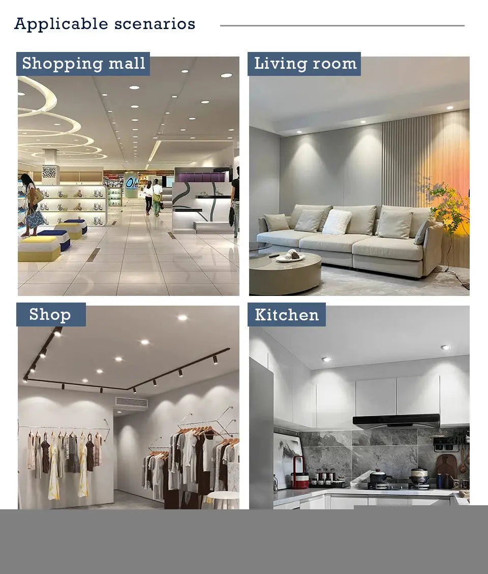 LED recessed round downlight by Simples Market; white finish, shown in shopping mall, living room, shop and kitchen