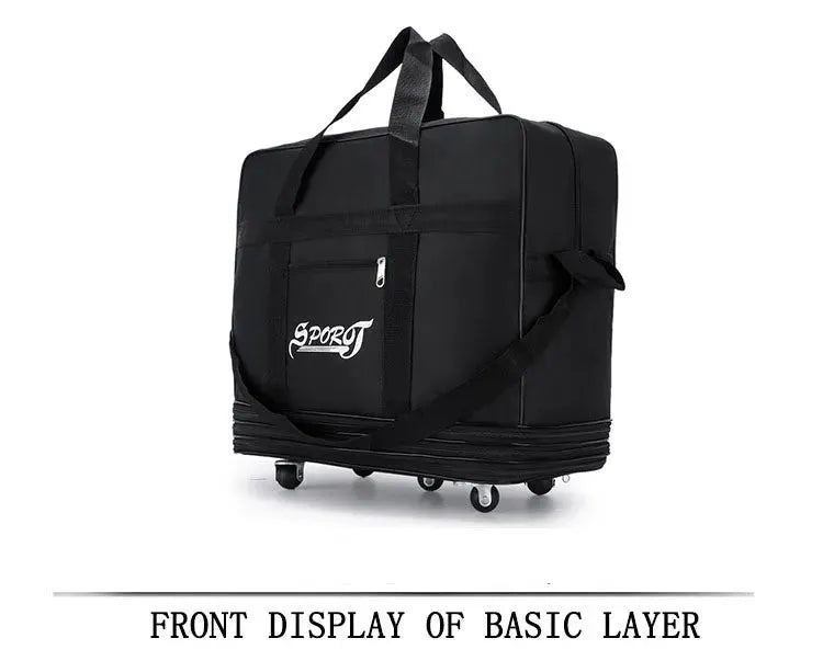 Travelling Pack expandable wheeled trolley bag by Simples Market, black with shoulder strap and front pocket