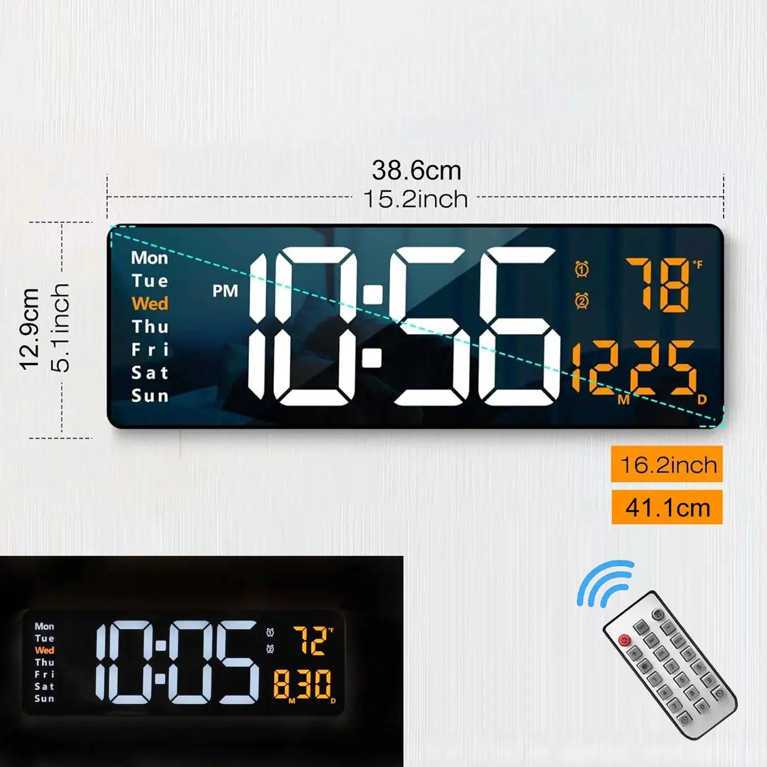 Simples Market 16.2-inch digital wall clock with remote, 8 RGB color options, dual alarms