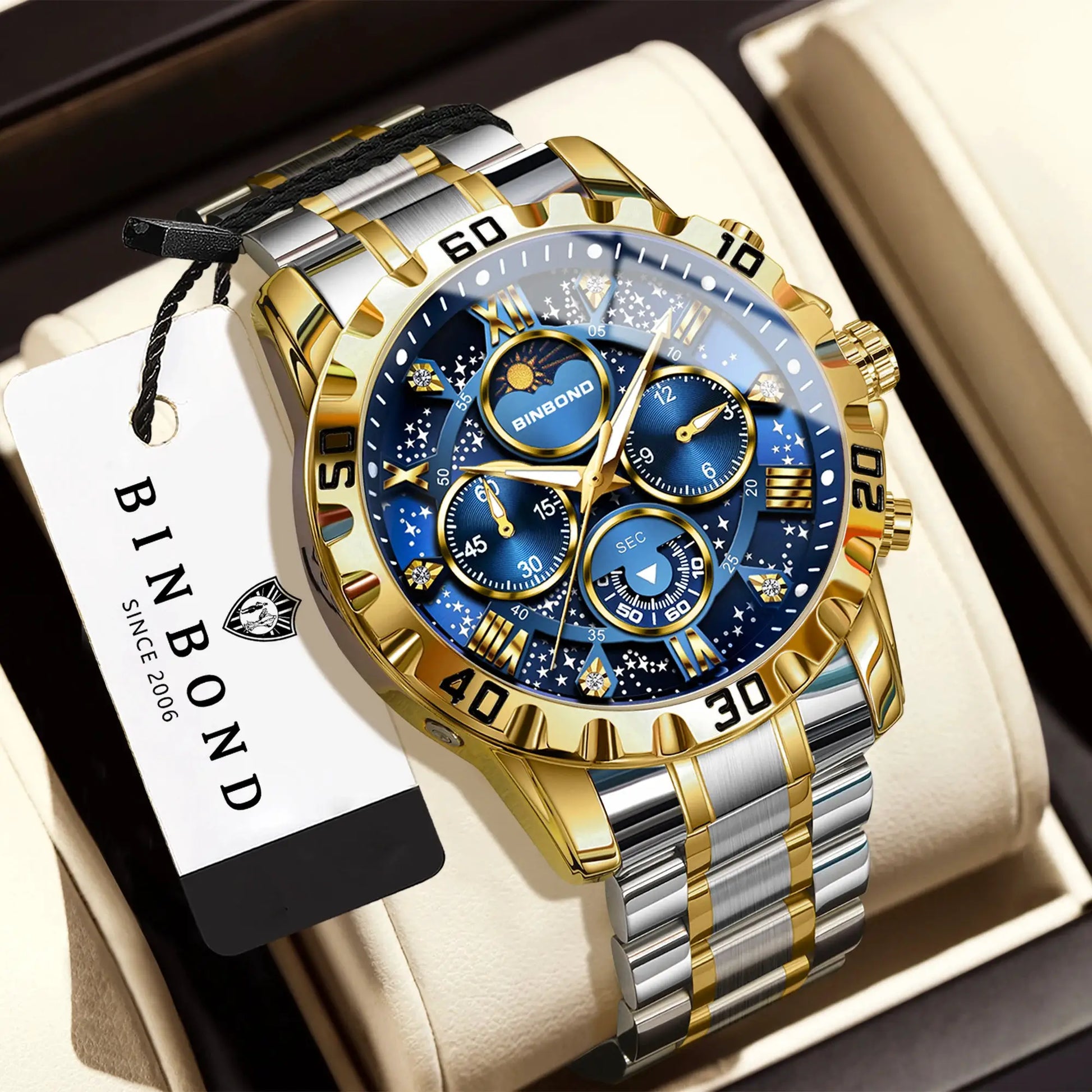 BINBOND men's luxury quartz watch with two-tone gold and silver stainless steel bracelet and blue dial