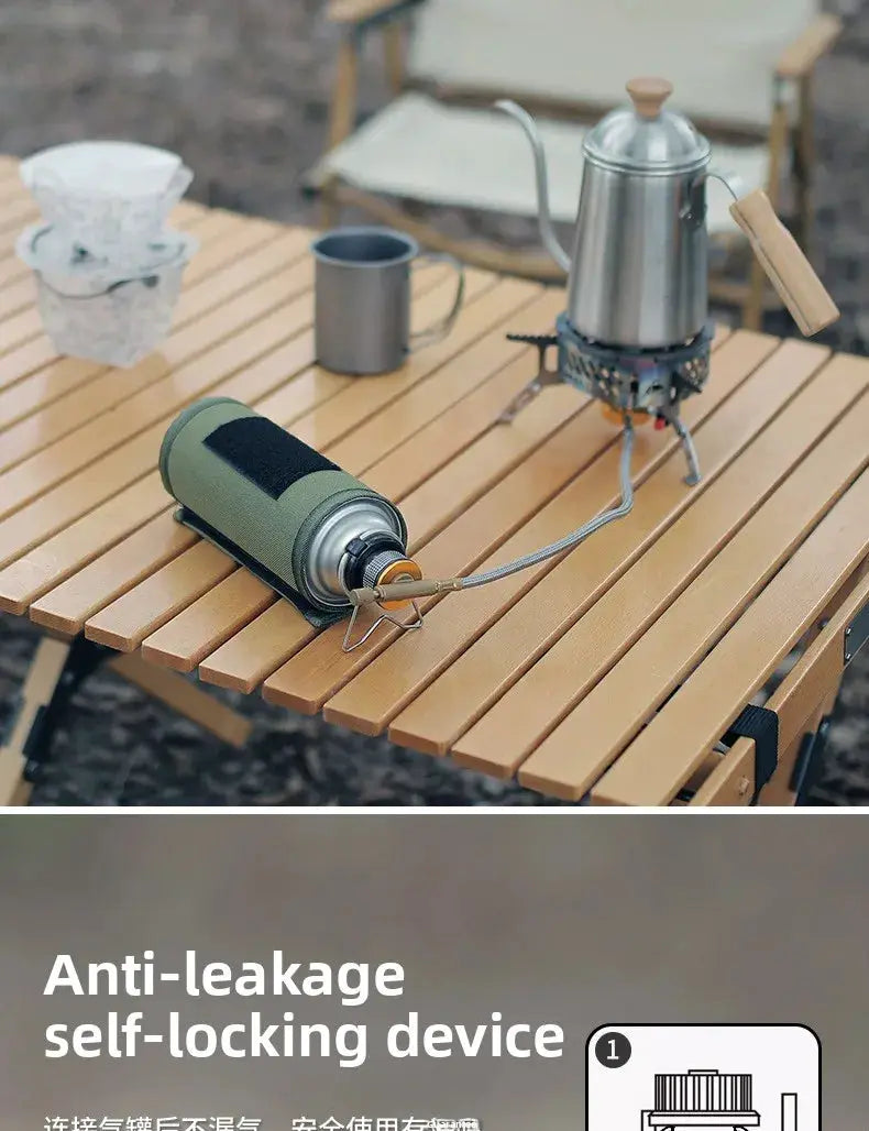 Butane adapter with bracket by Simples Market for camping stove, green canister attached on a wooden table