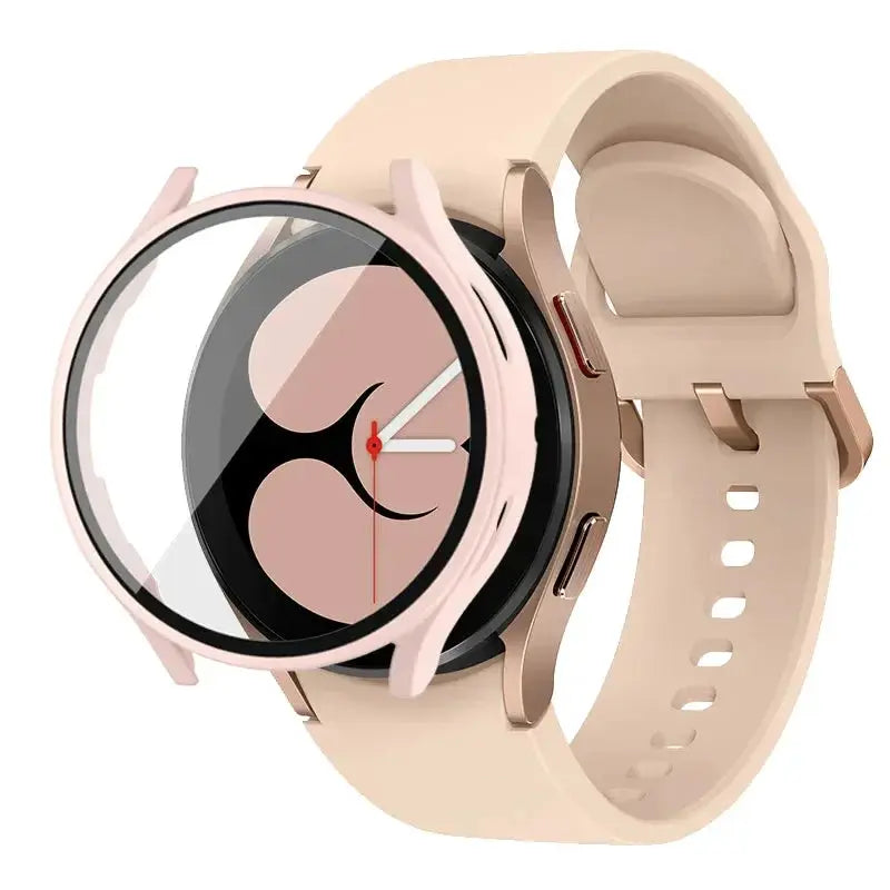 Galaxy Watch 7/6/5/4 40/44mm protective case with tempered glass screen protector, rose-gold matte PC bumper