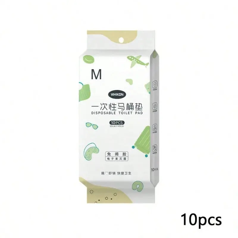 Disposable toilet seat pads, 10 pcs, size M, Simples Market package with WHIKON logo, white with green icons.