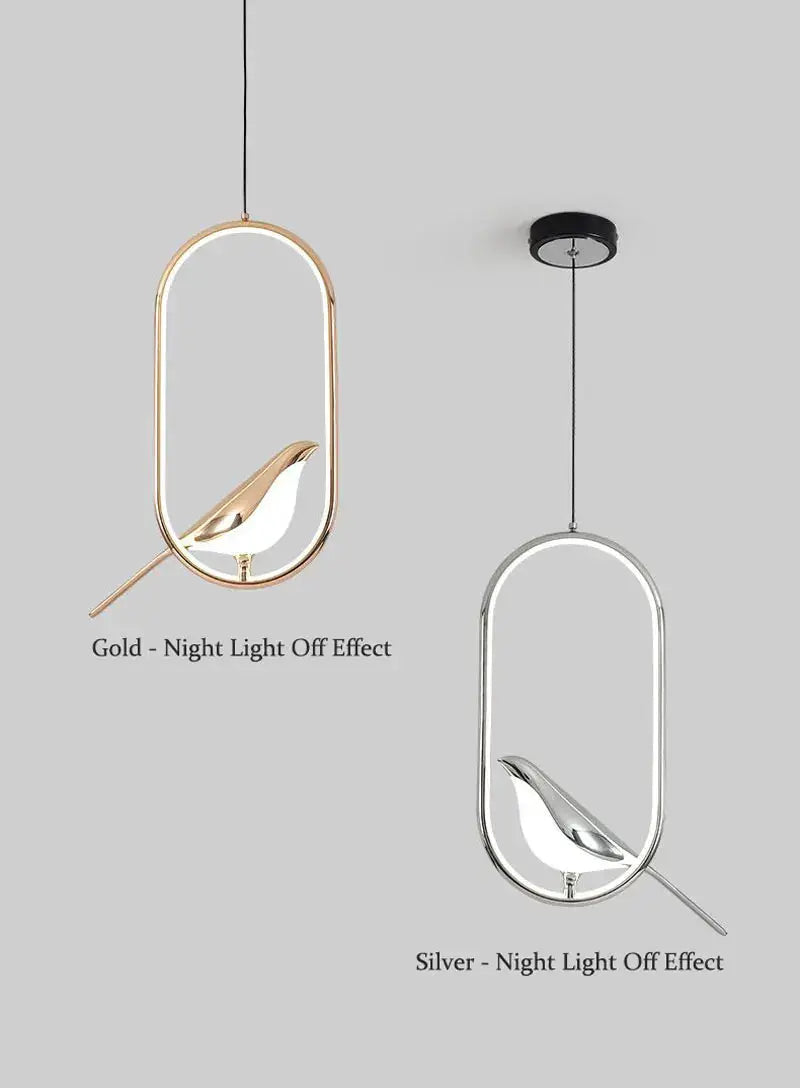 Rotatable magpie bird LED pendant light in gold and silver finishes, 2-pack by Simples Market.