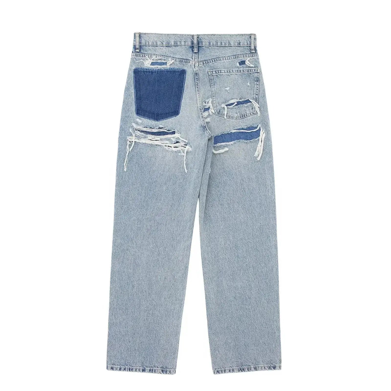 HH 2024 Womens Distressed Patchwork Denim Jeans High Waist Ripped