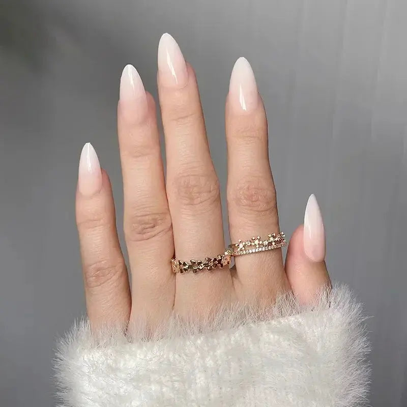 Glamora French Almond False Nails 24 Piece Press On Stiletto Tips With White Edge Design Glue Included For Wearable Glam