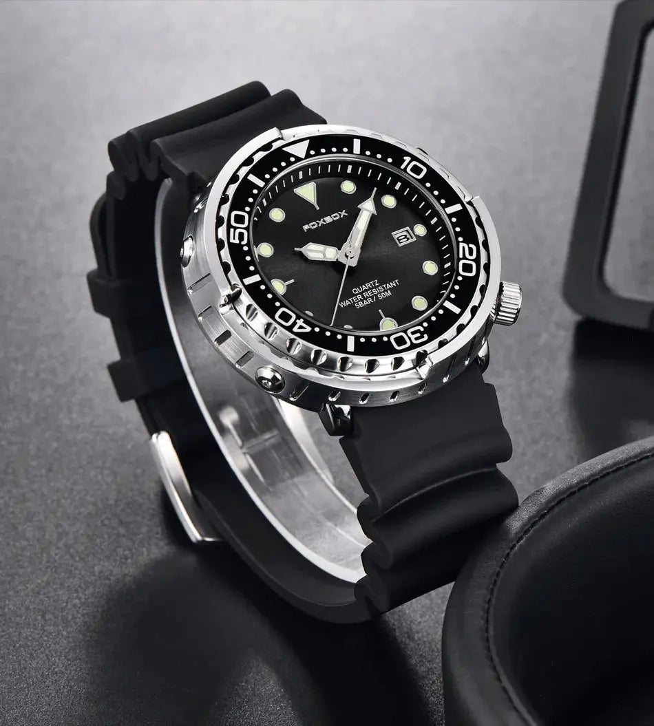 LIGE men's diver watch with black dial, stainless steel case, and black rubber strap; 50ATM water resistant