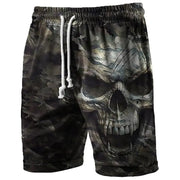 Trend Skull Graphic Mens Beach Shorts in camo with skull print and white drawstring - Simples Market