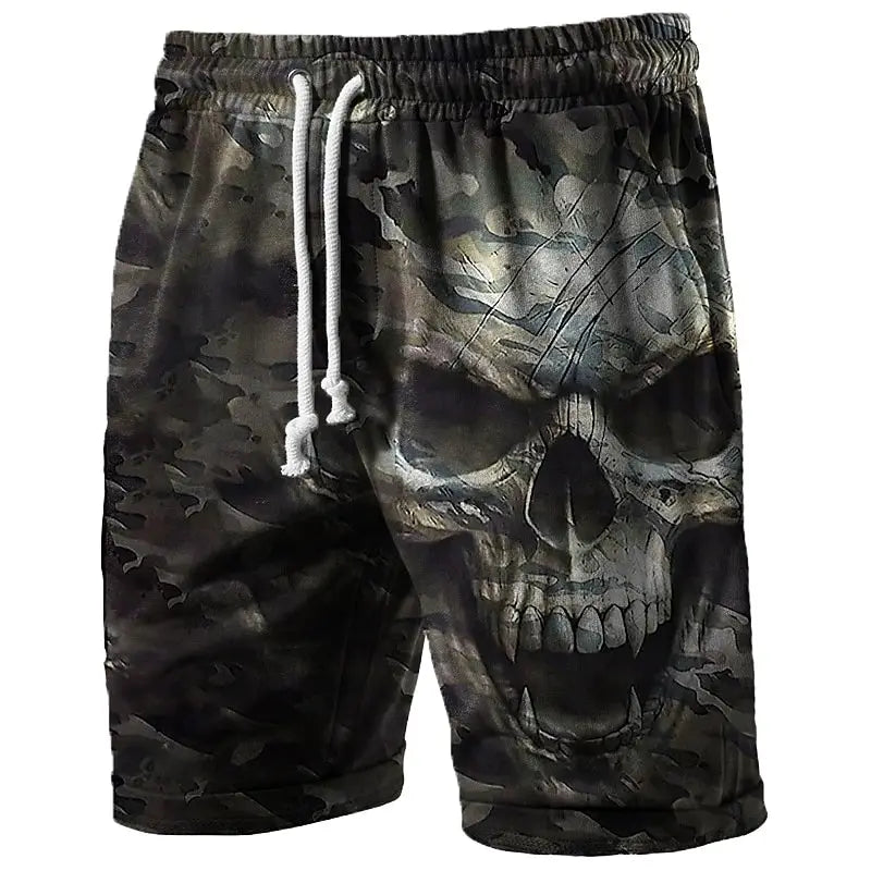 Trend Skull Graphic Mens Beach Shorts in camo with skull print and white drawstring - Simples Market