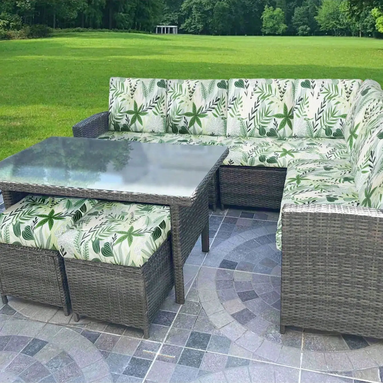 Outdoor tropical leaf print green sofa cushion covers for wicker patio sofa set