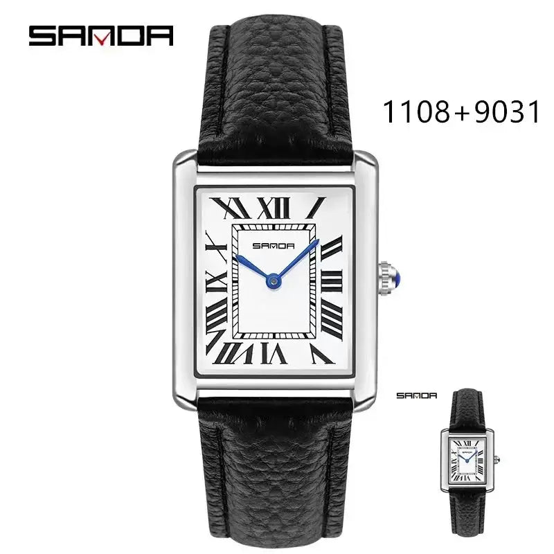 SANDA 9031/1108 luxury quartz watch with black leather strap and rectangular silver case.