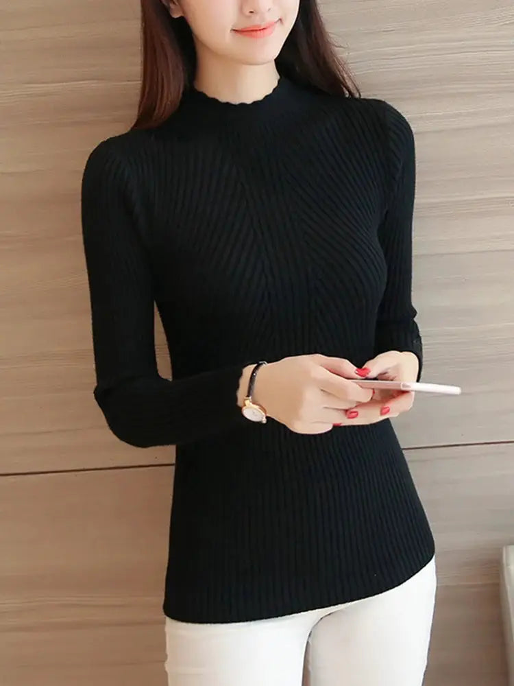 Autumn Women Mock Neck Ruffle Knit Sweater Long Sleeve Pullover Solid Casual Winter Layering