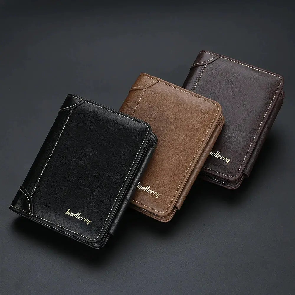 Baellerry men's short wallet set of 3 in black, tan, and brown PU leather with RFID blocking