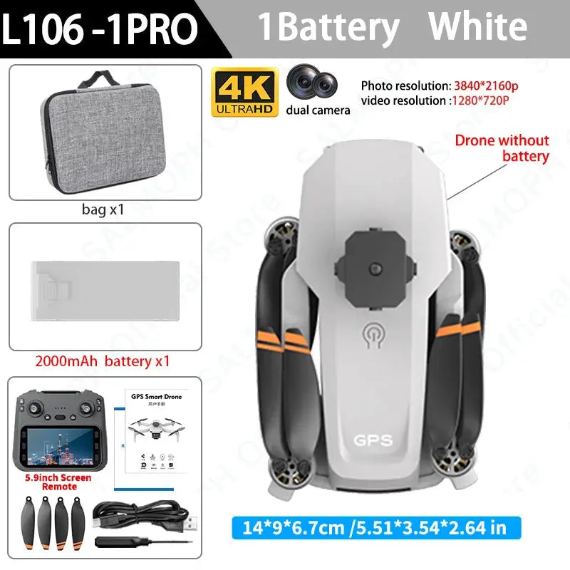 L106-1PRO GPS drone with 4K dual camera, white body; includes bag, 2000mAh battery and 5.9-inch remote.