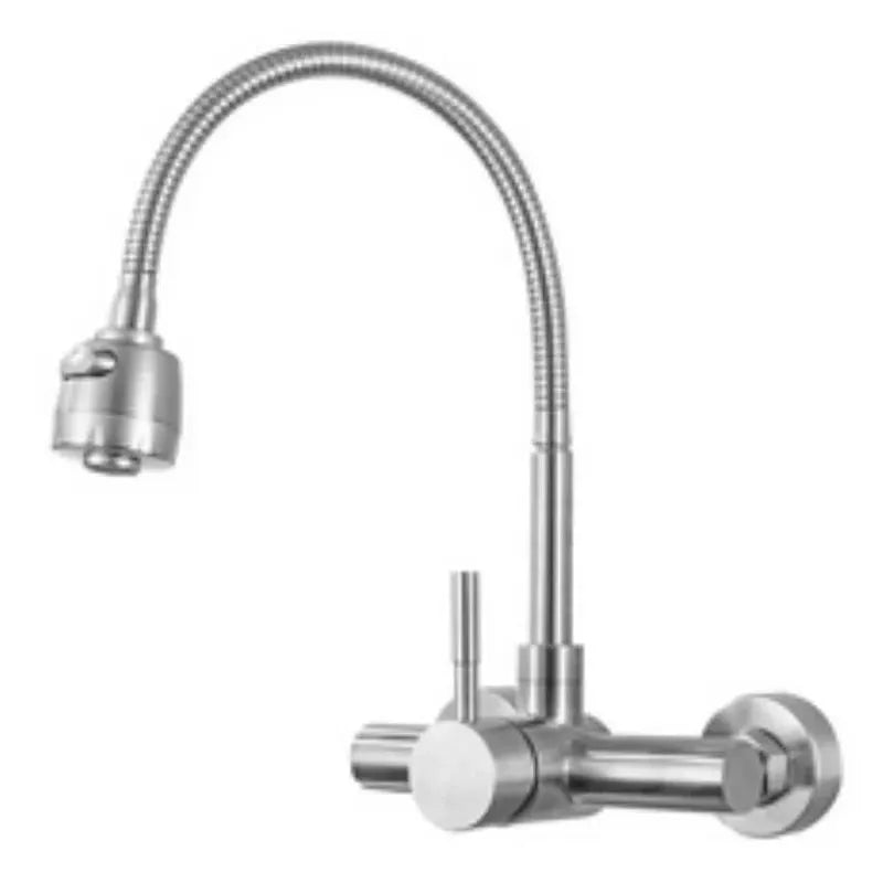 Chrome wall-mounted dual-hole kitchen faucet with flexible gooseneck spray and lever handle.