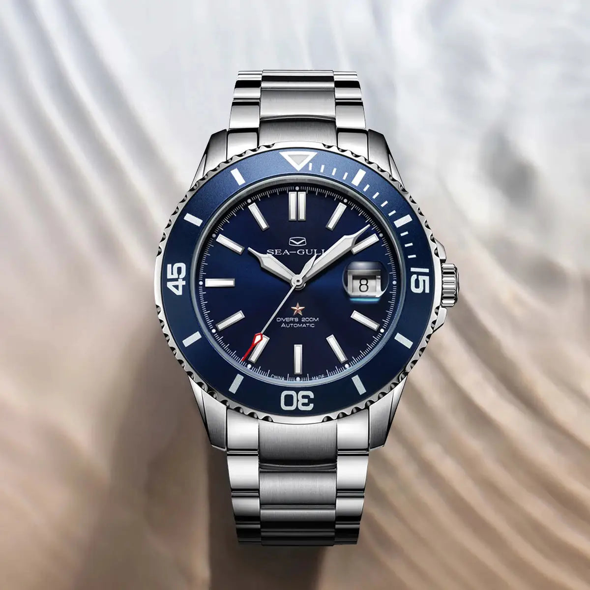 Sea-Gull men's diving watch with blue dial and stainless steel bracelet, 200m water resistant