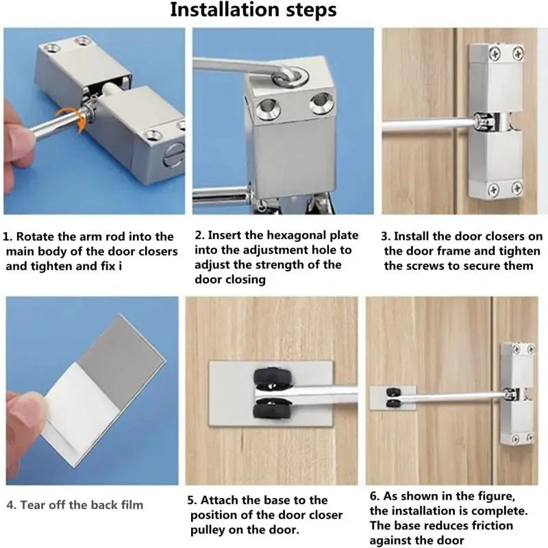 Door closer kit 20-40kg by Simples Market; installation steps show metal block, arm rod, hex plate, and door mounting.