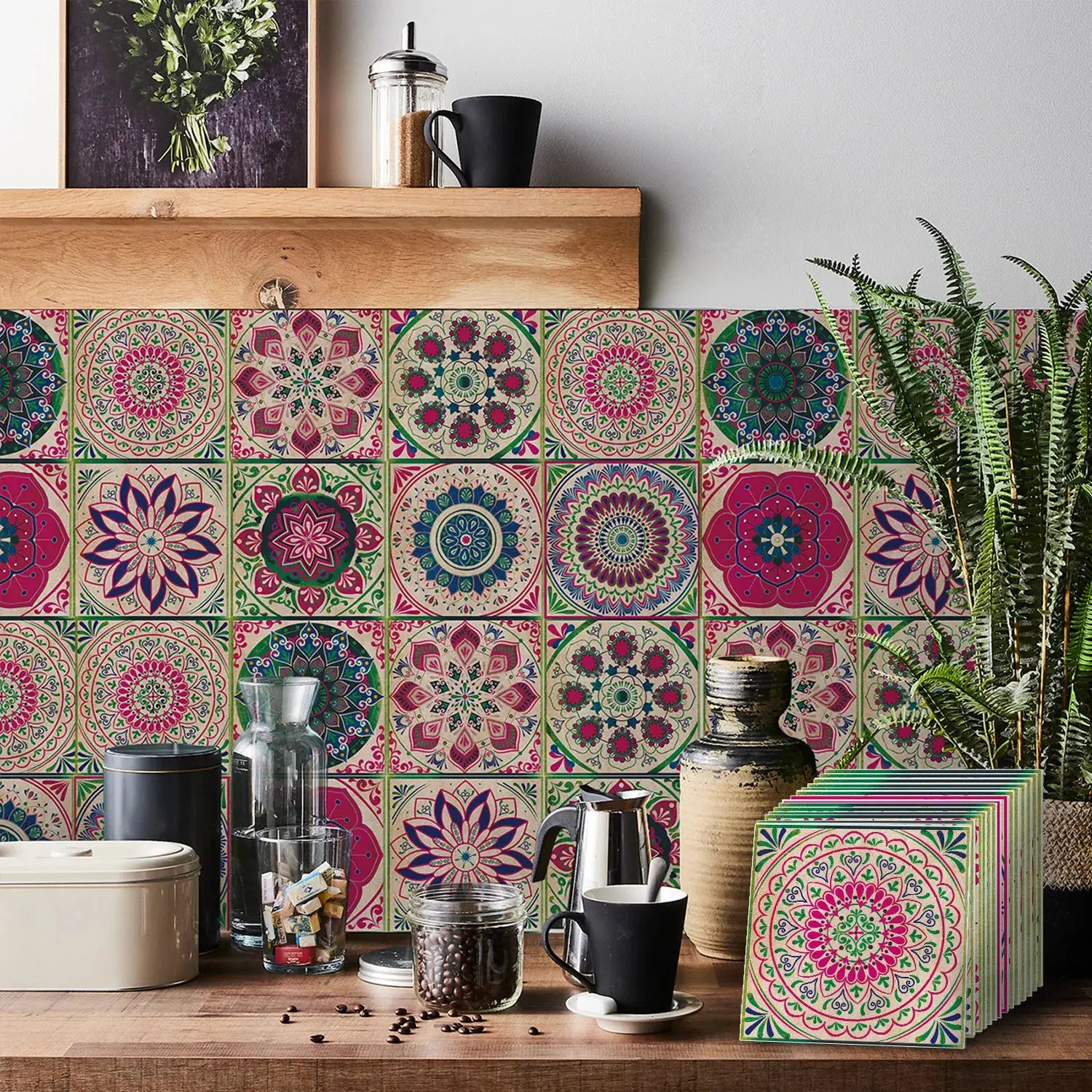 24pcs tile self-adhesive wall stickers with vibrant mandala patterns for kitchen backsplash and decorative walls