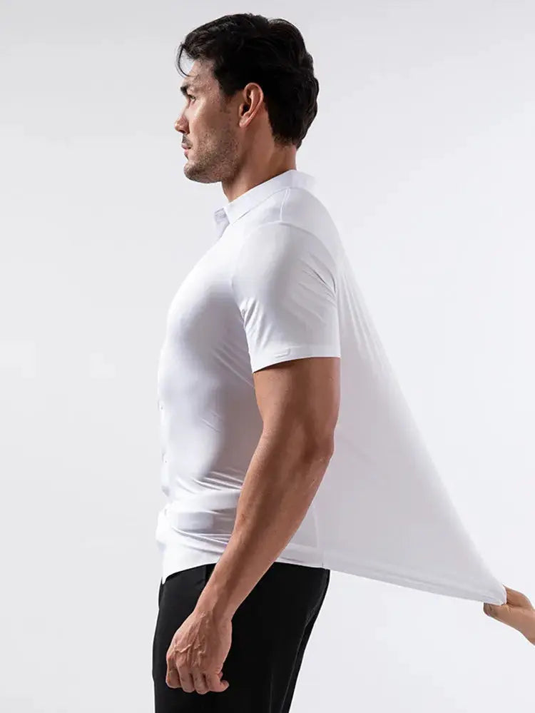 Men's white short-sleeve wrinkle-free stretch dress shirt