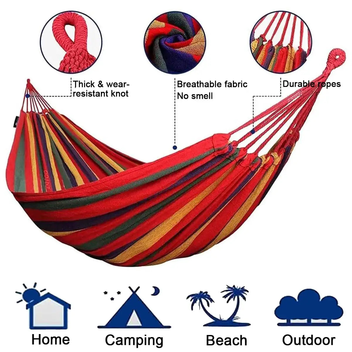 Double Hammock for 2 people, canvas cotton in red and blue stripes with tree straps by Simples Market