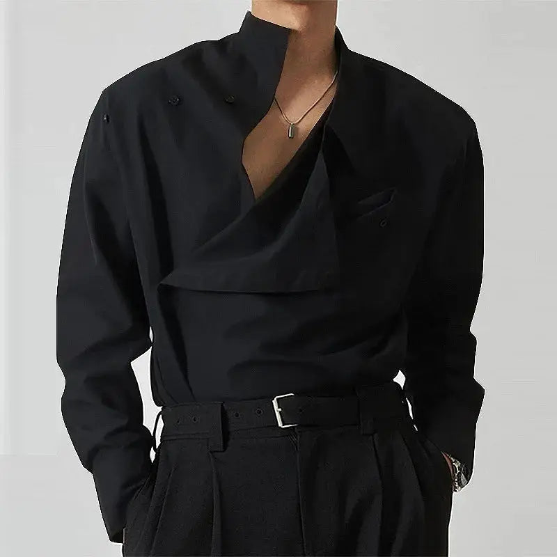 Irregular design buckle-lapel shirt for men, black, long sleeve, vintage French style, Simples Market.