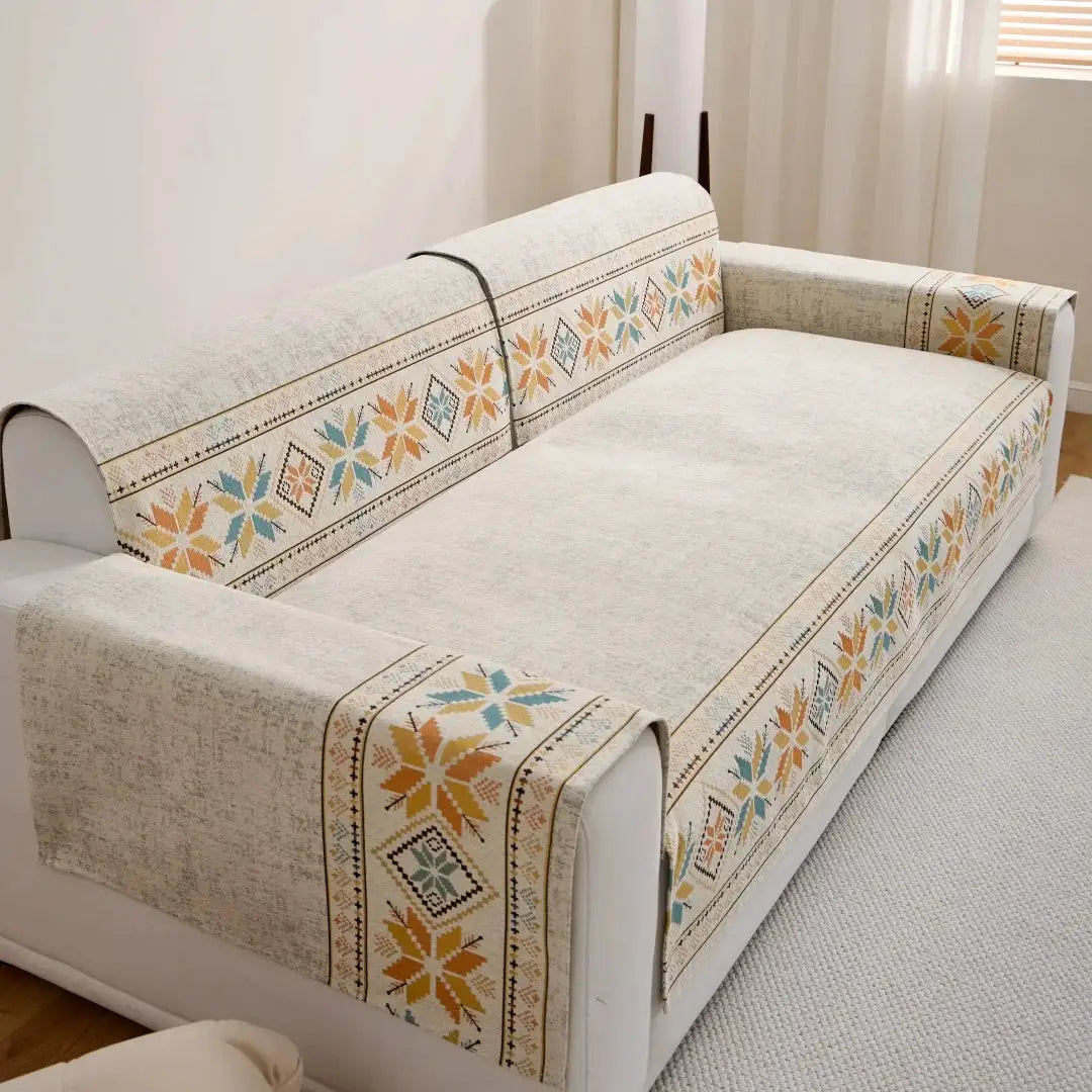 Simples Market Bohemian jacquard chenille sofa cover with beige base and colorful geometric border