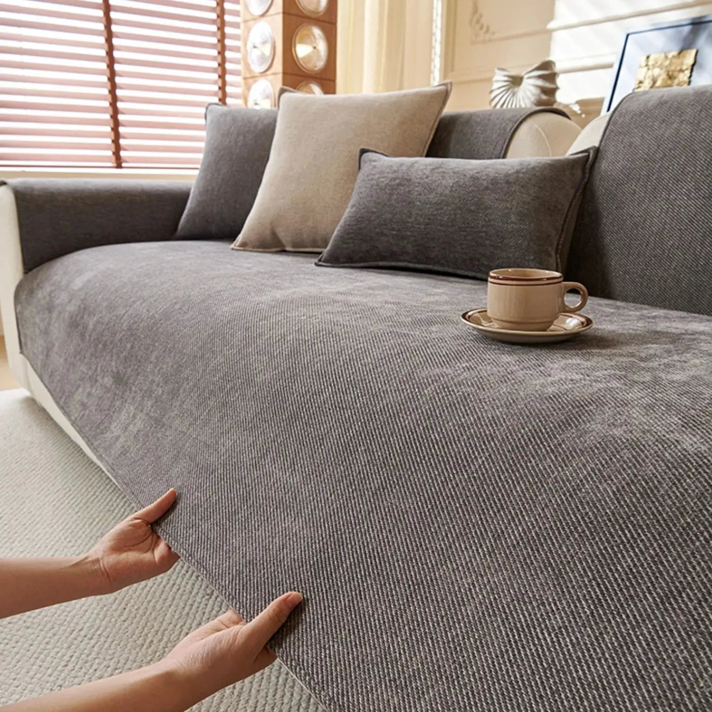 Minimalist twill chenille anti-slip sofa cover in grey by Simples Market