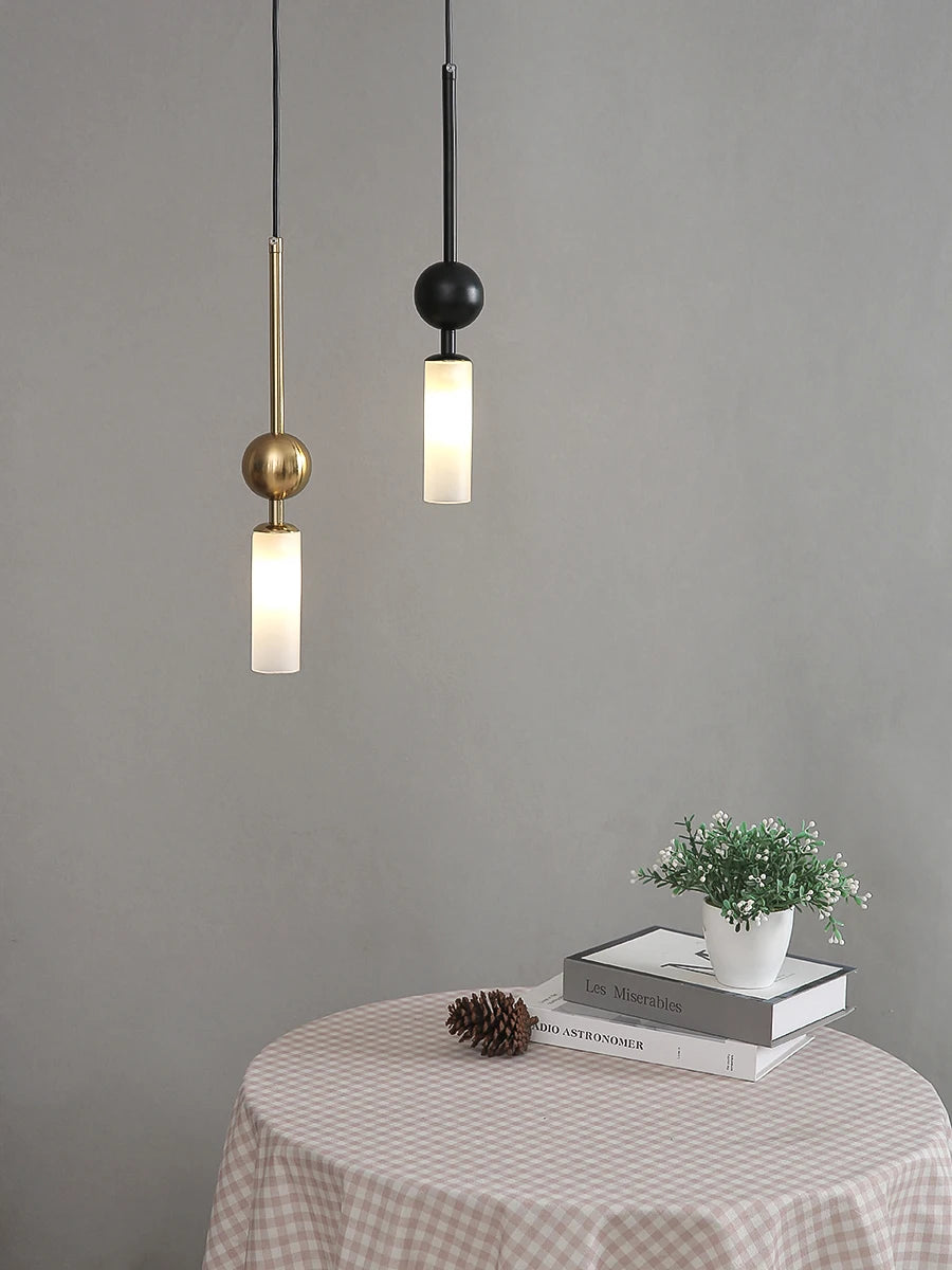 Nordic Light Luxury Pendant Lights pair by Simples Market, gold and black iron with frosted glass cylinders